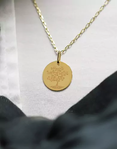 Médaille Ronde M Arbre de Vie Oiseaux en Or Personnalisable