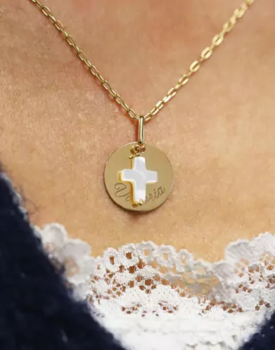 Médaille Ronde à Graver en Or Nacre Croix