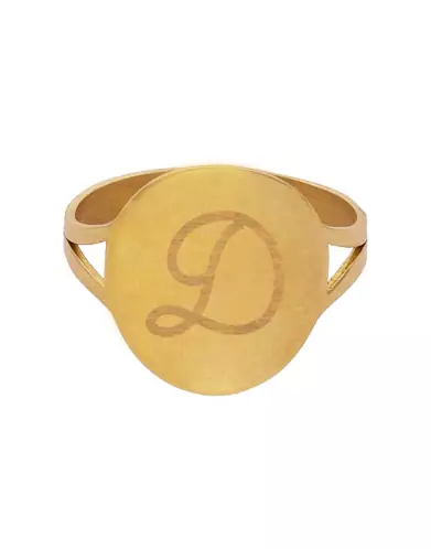 Bague Ronde Lettre Gravée Style Calligraphie en Or Personnalisable