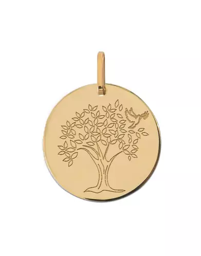 Médaille Gravée Arbre de Vie Colombe en Or