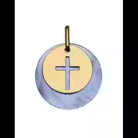 M&eacute;daille Croix Ajour&eacute;e en Or et Nacre image cachée