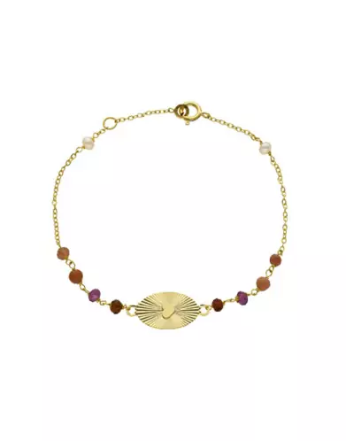 Bracelet Cœur Soleillé en Or Jaune 18K avec Pierres Roses et Violettes