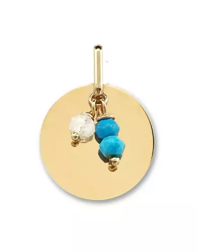 Médaille Ronde en Or Jaune 18K avec Pierre de Lune et Turquoise personnalisable