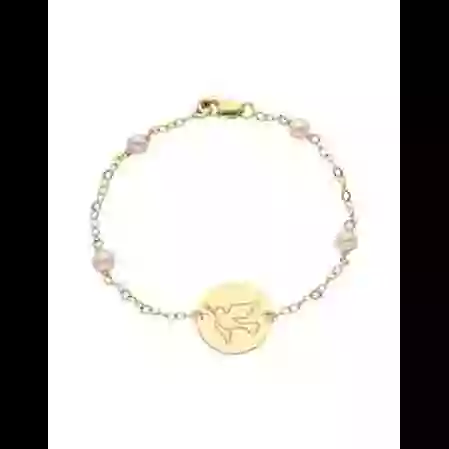 Gourmette Enfant Ronde avec Cha&icirc;ne For&ccedil;at Colombe en Or et Perles Personnalisable image cachée