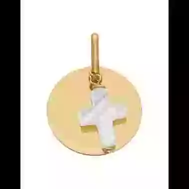Médaille Ronde à Graver en Or Nacre Croix image cachée