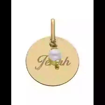 M&eacute;daille Or Ronde &agrave; Graver Perle Blanche image cachée