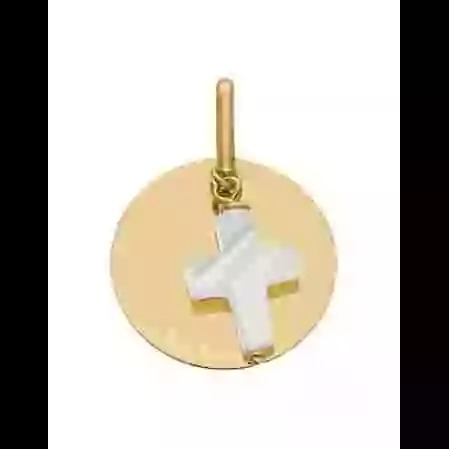 M&eacute;daille Ronde &agrave; Graver en Or Nacre Croix image cachée