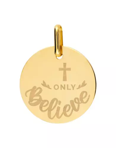 Médaille Ronde en Or S Baptême Croix et Only Believe