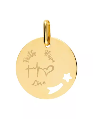 Médaille Ronde S Ajourée Étoile Filante en Or Faith Hope Love Personnalisable